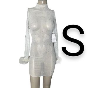 🆕White Mesh Sparkly Gemstones Furry Wrist Trim Stretchy Bodycon Dress~Size S